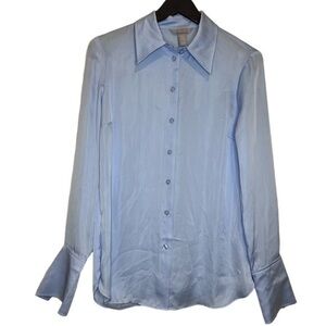 H&M Light Blue Satin Long Sleeve Blouse Oversize Collar Office Work